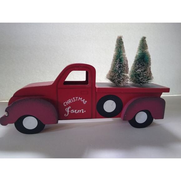 Christmas Farm Other - Christmas Farm Wooden Red Truck Ornament with Bottle Brush Trees Christmas Decor
